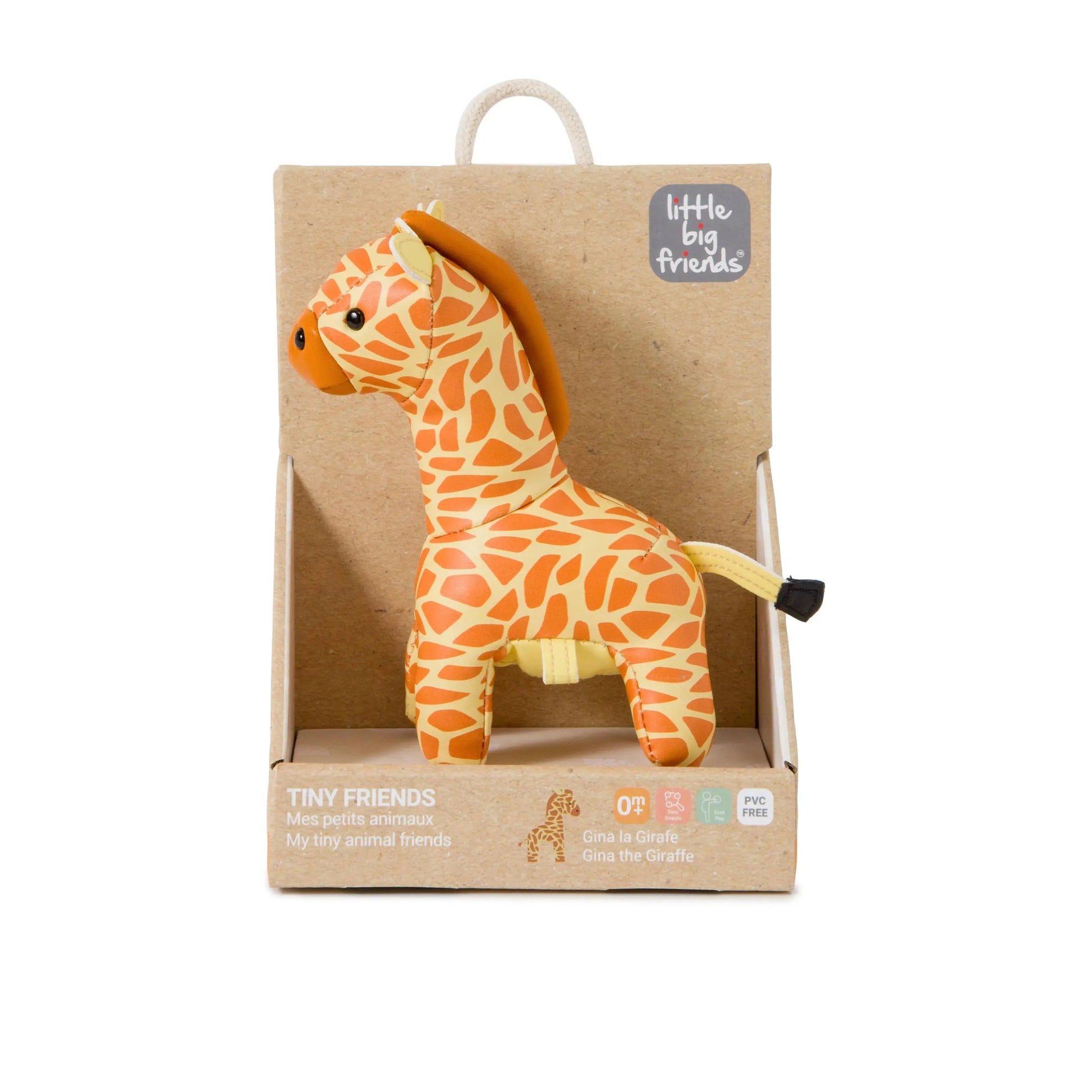 Plush giraffe toy in a cardboard box with 'Little Big Friends' branding.