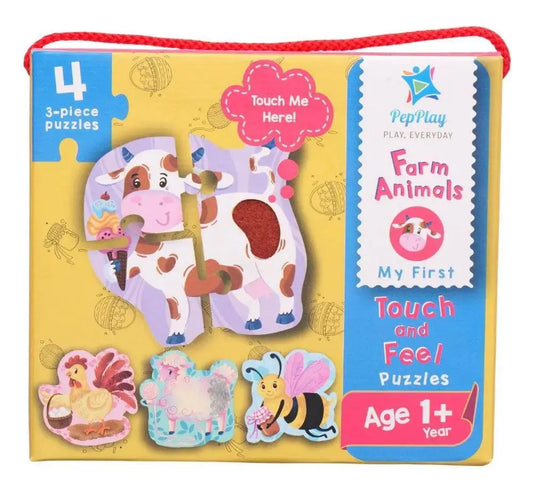 Children's puzzle book with farm animal illustrations on a yellow background