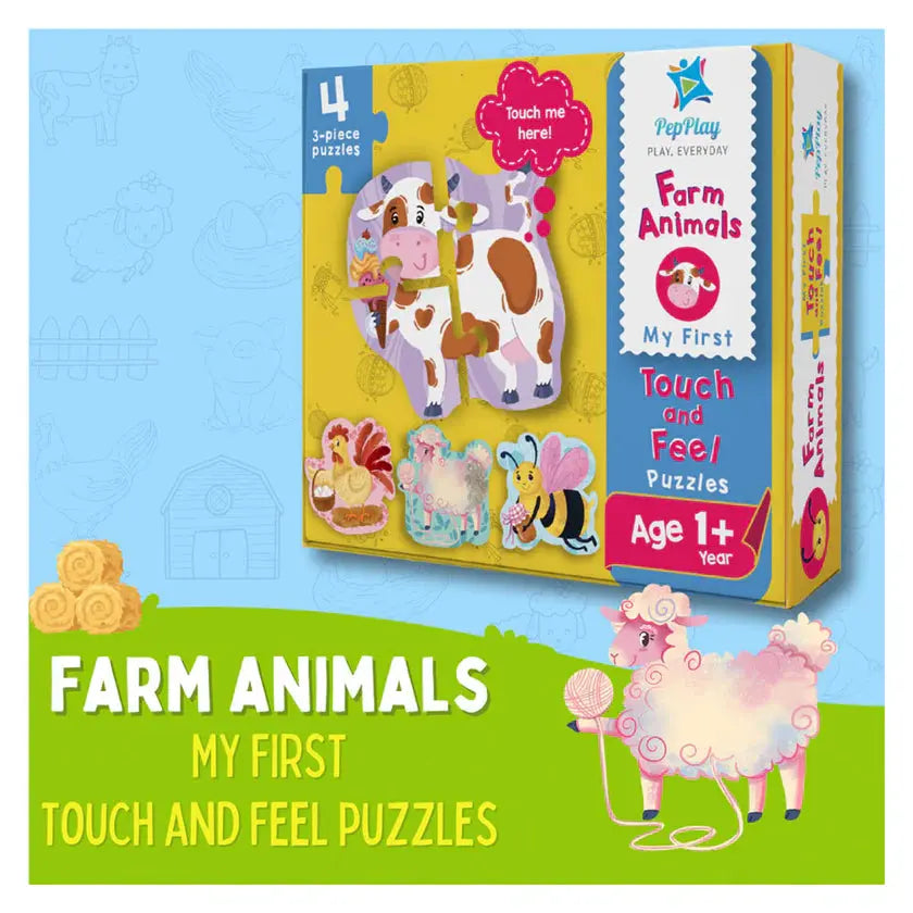 Children's puzzle set with farm animals on a blue and green background