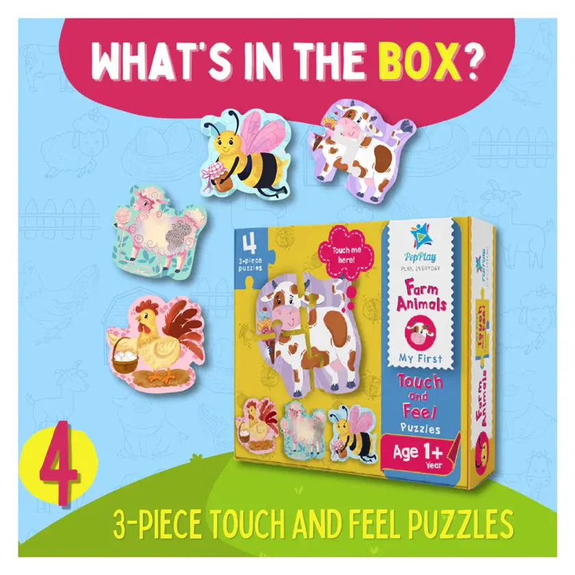 Children's puzzle set with farm animals and 'What's in the Box?' text on a blue background