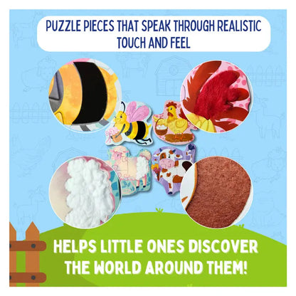 Educational puzzle pieces with animals on a blue and green background