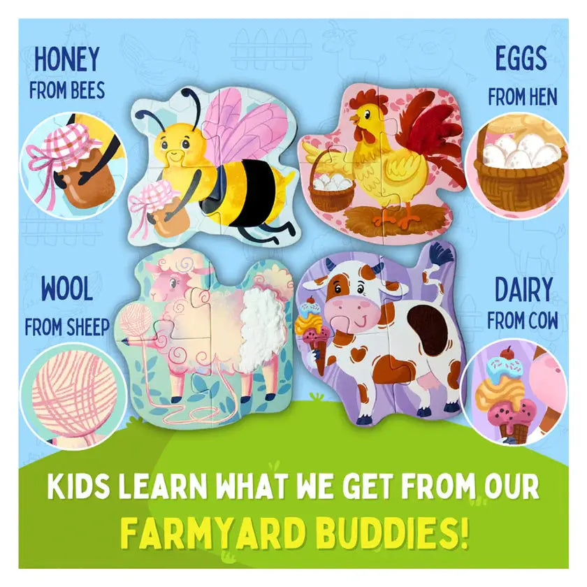 Educational children's puzzle with farm animals and products on a blue and green background.