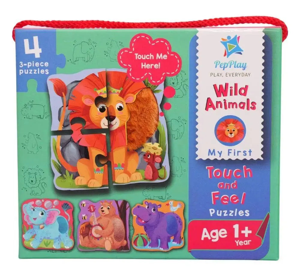 Children's puzzle book with wild animals illustrations on a green background