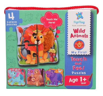 Children's puzzle book with wild animals illustrations on a green background