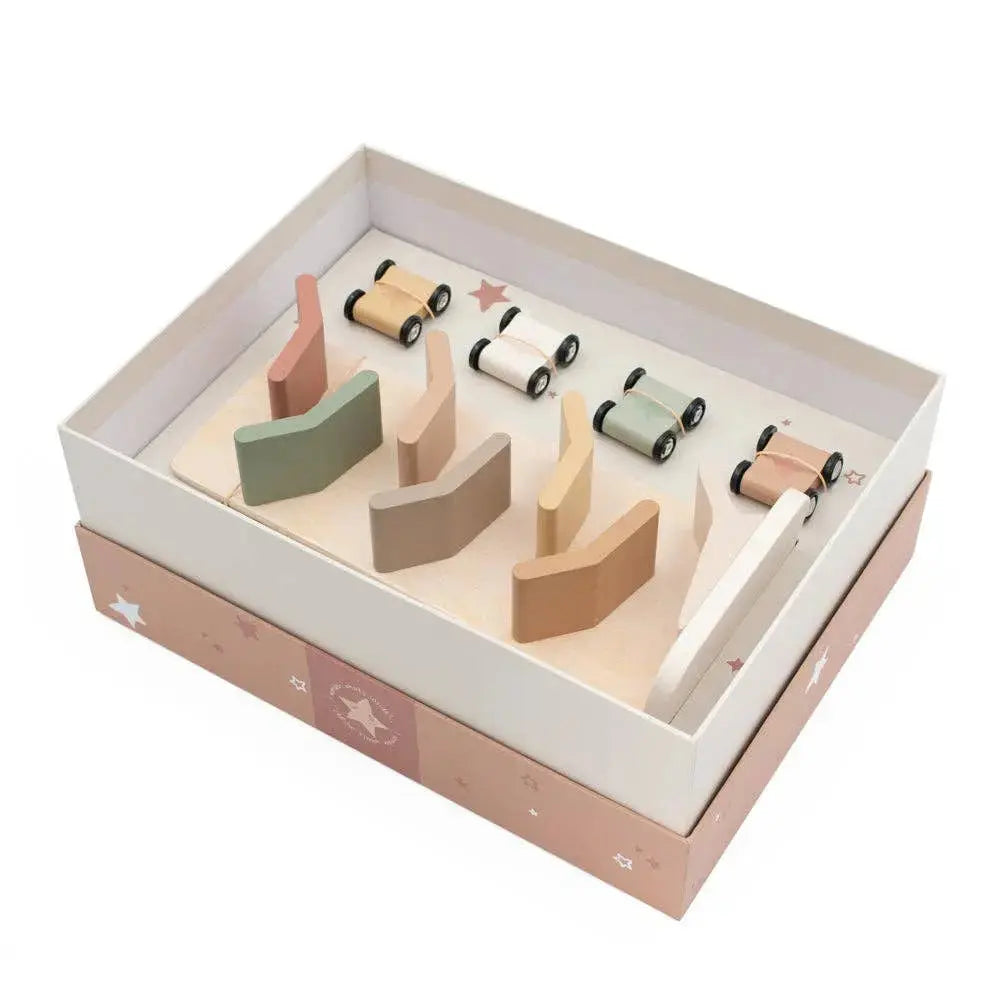 Set of wooden tower racer toys in a box on a white background