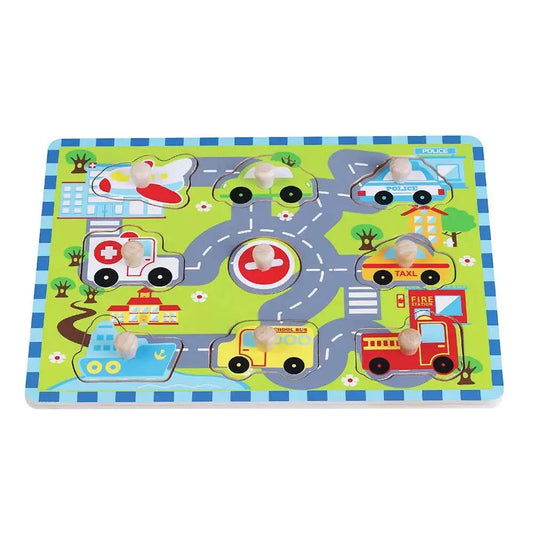 Children's puzzle with roads and vehicles on a colourful background