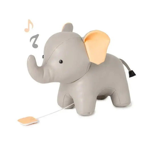 Grey elephant plush toy with a white cord on a white background