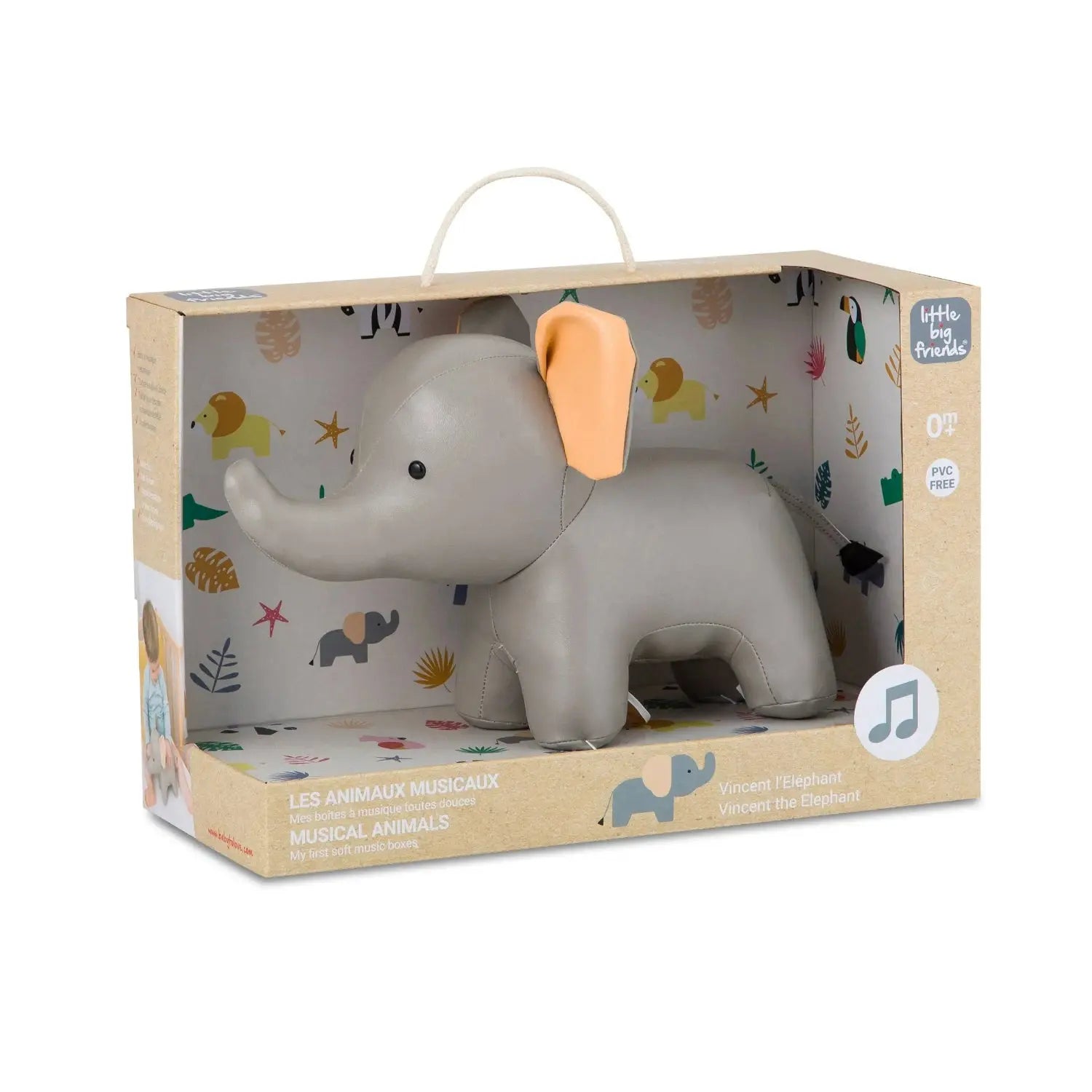 Grey elephant toy in a decorative box with colourful patterns on a white background
