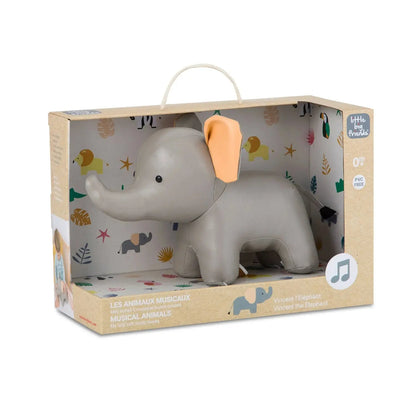 Grey elephant toy in a decorative box with colourful patterns on a white background