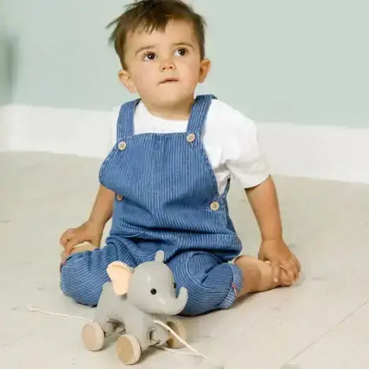 Child wearing blue overalls sitting on a light-coloured floor with a toy elephant.