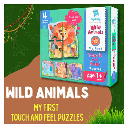 Box of 'My First Touch and Feel Puzzles' with wild animals theme on a green and brown background.