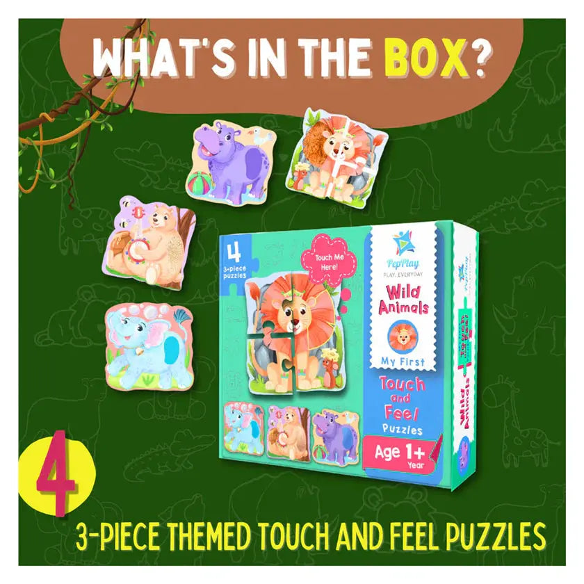 Children's puzzle set with animal illustrations on a green background