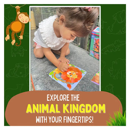 Child playing with a lion puzzle on a green background with animal illustrations.
