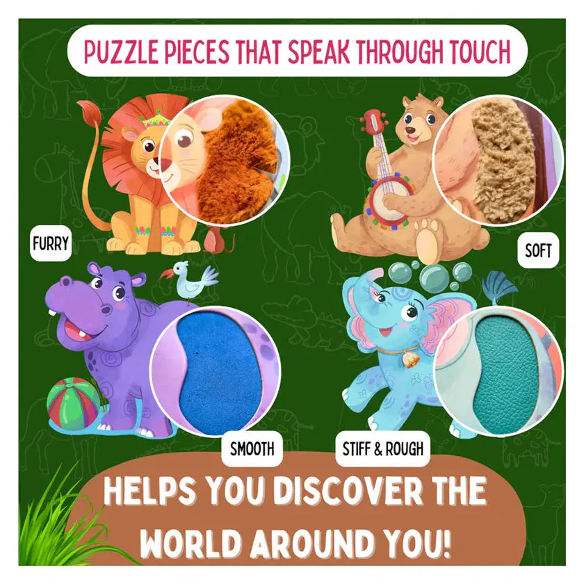 Children's puzzle with cartoon animals and text about texture and discovery.