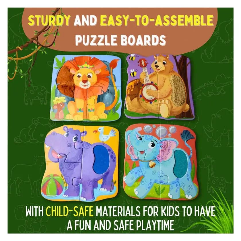 Four colourful puzzle boards with animal illustrations on a green background.
