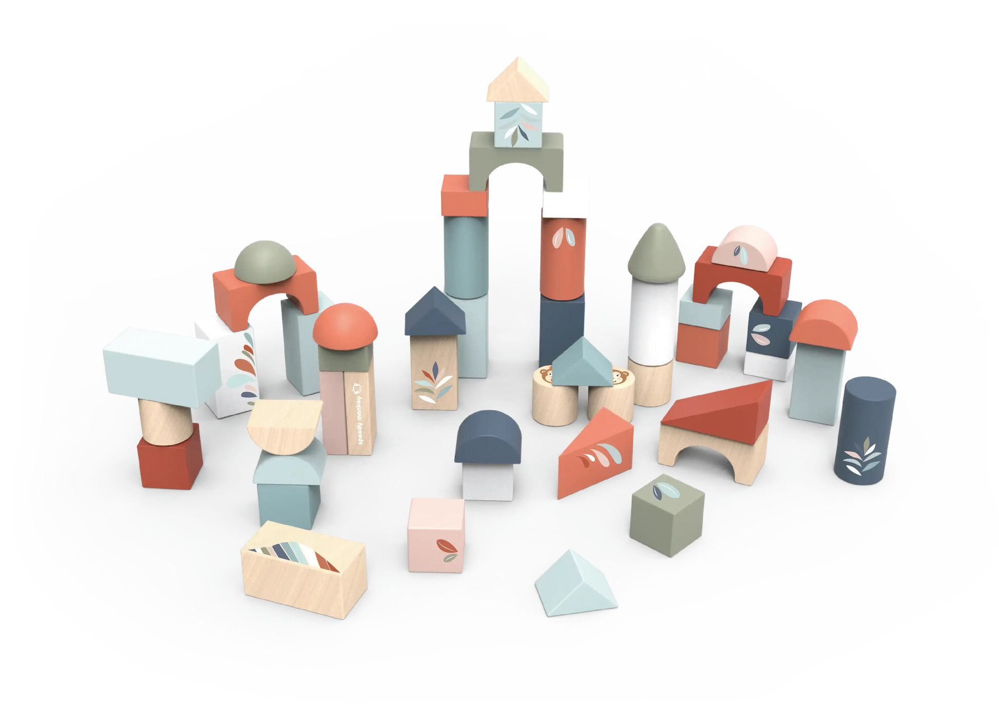 Colourful wooden building blocks on a white background