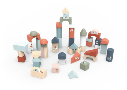 Colourful wooden building blocks on a white background