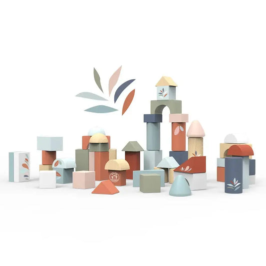 Colourful wooden building blocks on a white background