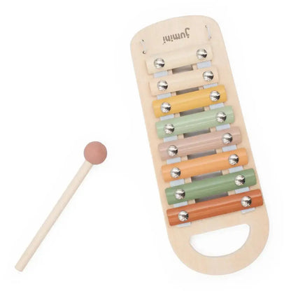 Wooden xylophone toy with colourful bars and a mallet on a white background