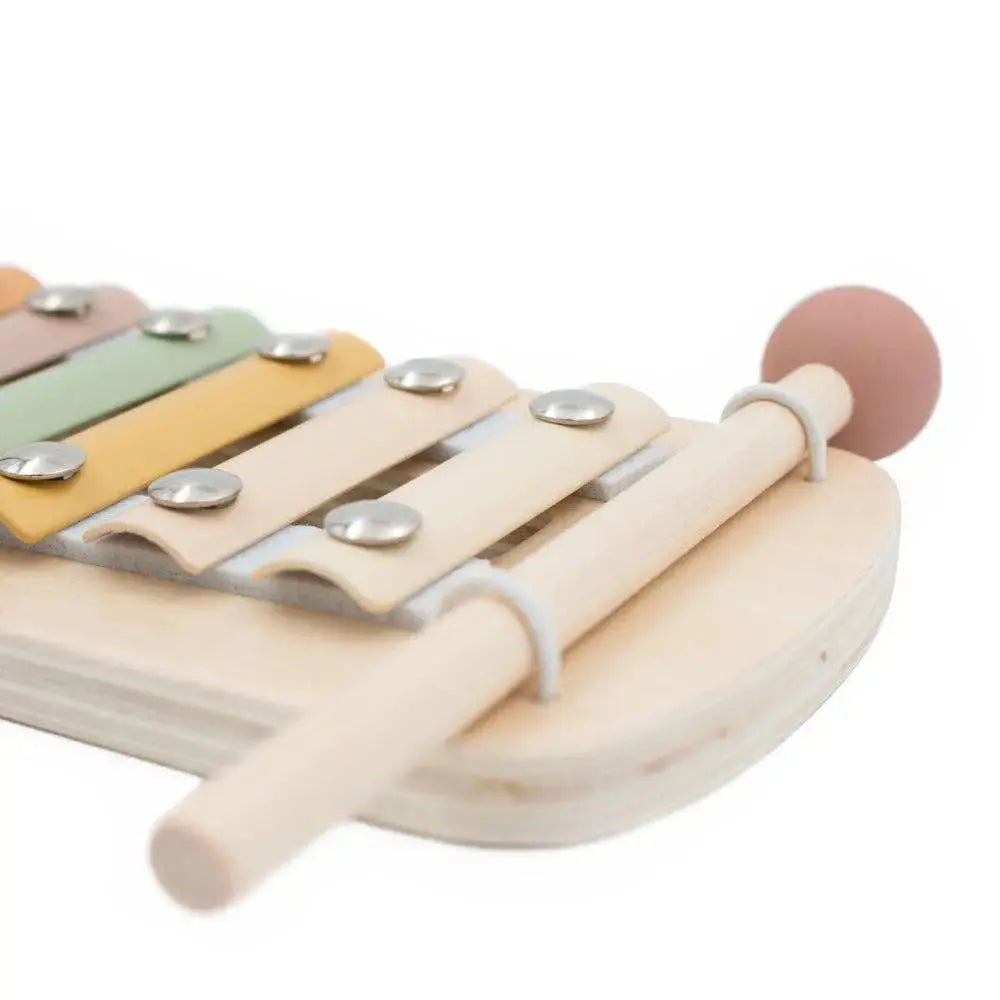 Wooden toy xylophone with colourful keys on a white background